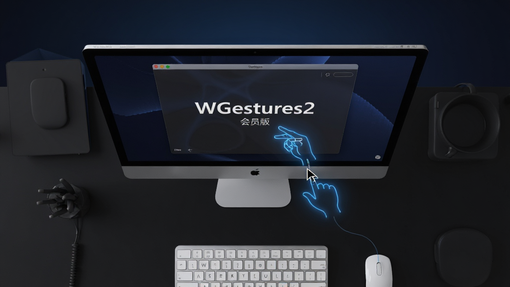 一张现代极简风格的电脑桌面俯视图,屏幕中显示WGestures2 会员版主界面,鼠标指针正拖拽出一个蓝色发光手势轨迹,界面整洁,桌面背景为深色渐变,主体中央,布局平衡,排版清晰,风格科技感,细节丰富,画质8K,干净,无多余元素
