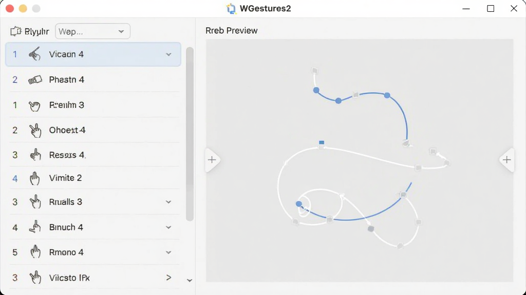 WGestures2 会员版 设置界面截图,左侧为手势列表,右侧为轨迹预览画布,整体界面简洁,浅色主题,主体居中,布局清晰,排版规整,风格专业,细节丰富,画质干净,无多余元素