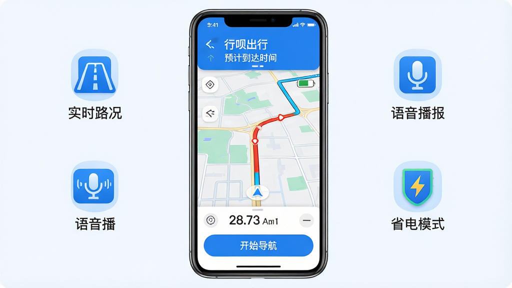 ���壺�ֻ�������ʾ���³���˾��APP�������棬·���������ײ��С���ʼ��������ť�����֣��ֻ����У���Χ��ͼ���ע��ʵʱ·������������������ʡ��ģʽ�����Ű棺���������࣬�Ϸ���ʾԤ�Ƶ���ʱ�䣬�·���ʾʣ����̣���񣺿Ƽ����������������ϸ�ڣ���ͼ����ʾ��ͨӵ�º�ɫ·�Σ����Ͻ��е���ͼ�ꣻ���ʣ����壬�ɾ����޶���Ԫ��