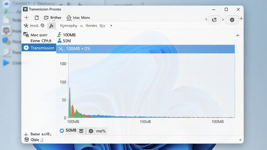 主体:Transmission软件在Windows任务管理器中显示的内存和CPU占用率图表,数值很低。布局:任务管理器窗口位于画面中央,Transmission进程高亮显示。排版:图表清晰,数据直观。风格:Windows 11风格界面,简洁明亮。细节:内存占用低于100MB,CPU使用率接近0%。画质:高清,干净,无多余元素。