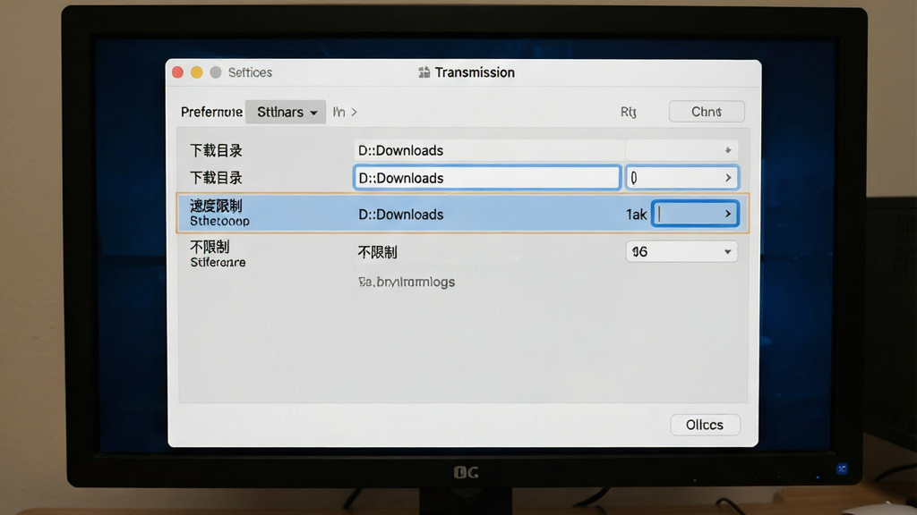主体:电脑屏幕显示Transmission偏好设置界面,高亮显示“下载目录”和“速度限制”选项。布局:设置窗口居中,各项设置清晰可见。排版:清晰的列表式布局,选项名称和输入框对齐。风格:系统原生窗口风格,浅灰底色。细节:下载目录路径显示为“D:\Downloads”,速度限制设置为“不限制”。画质:高清,干净,无多余元素。