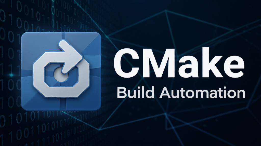 ��������ΪCMake�ٷ�Logo��һ����ɫ�Ĵ��а�ɫ��ͷ�ķ���ͼ�꣬λ�ڻ�������ƫ��λ�á�����Ϊ��ɫ����Ƽ��б��������������Ķ����ƴ���ͼ��������������ϣ�Logo�Ҳ�����Ŀ�İ�ɫ�������֡�CMake�����·���Ӣ�ı��Build Automation�����������ִ�����ࡢרҵ��ϸ����ͻ��Logo���ʸк͹�ӰЧ�������ʸ��壬�ɾ��޶���Ԫ�ء�