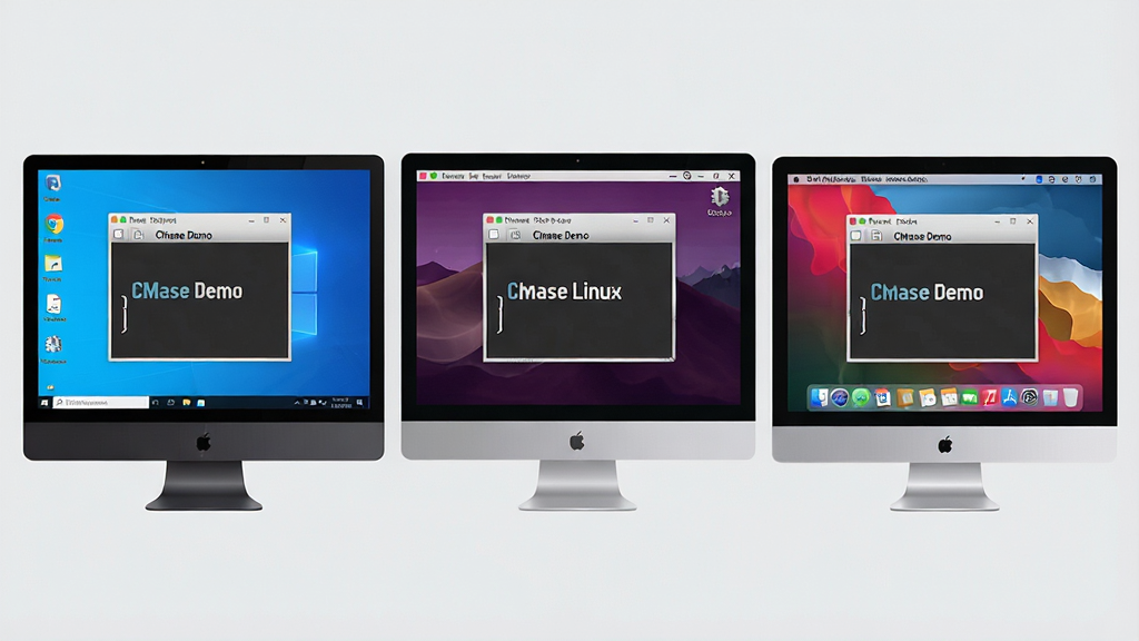 һ��չʾCMake��ƽ̨���Եĸ���ͼ����������Ϊ�������ŵĵ�����ʾ�����ֱ���ʾWindows��Linux��macOS��������档ÿ����Ļ�϶�������һ����ͬ��ʾ�����򴰿ڣ����ڱ�������ʾ��CMake Demo�������ֲ���ˮƽ�Գ�ʽ������Ϊ�ɾ���ǳ��ɫ���������ƽ����ϸ������̨��ʾ���ĵ����ͱ߿����в�ͬ������ƽ̨���죬�����������ɾ��޶���Ԫ�ء�