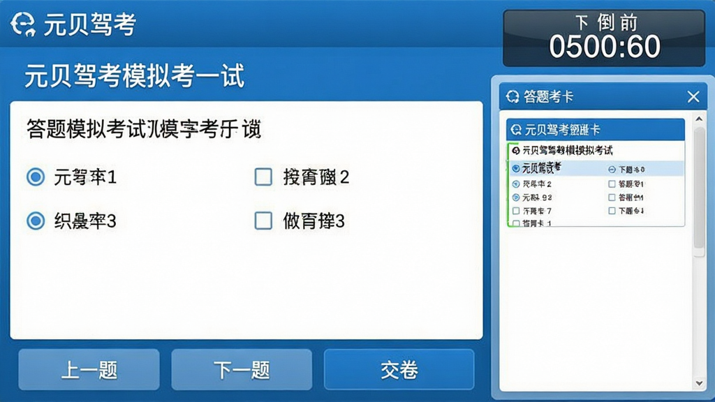 元贝驾考模拟考试界面预览图,左侧为答题区域,显示题目文字和四个选项,右上角为倒计时器,底部为“上一题”“下一题”“交卷”按钮,右侧为答题卡缩略图,整体风格与真实驾考系统一致,界面清晰,字体大小适中,蓝白配色,画质干净,无多余元素