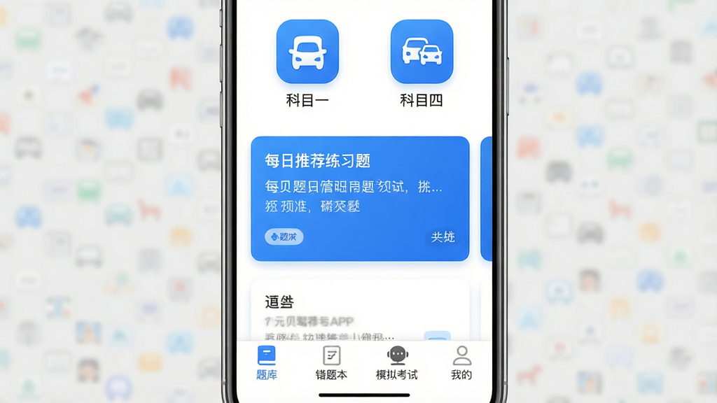 元贝驾考APP主界面截图,展示清爽的首页布局,上方为“科目一”“科目四”等考试入口图标,中间为每日推荐练习题卡片,底部为“题库”“错题本”“模拟考试”“我的”四个导航栏,整体风格简洁现代,以蓝色为主色调,白色背景,图标圆润,画质清晰,无多余元素,干净整洁