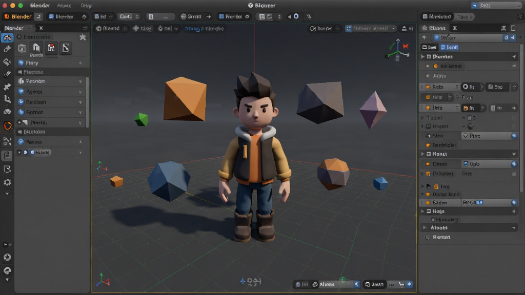 主体:Blender软件主界面,展示3D视口、工具栏、属性面板等。布局:界面清晰,左侧为工具架,右侧为属性编辑器,中央为大型3D视口,显示一个精美的低多边形风格场景。排版:视口中展示一个风格化的3D角色模型和几个漂浮的几何体。风格:现代、专业、科技感,配色以Blender标志性的深灰和橙色为主。细节:视口内有网格地面,模型带有材质和灯光效果。画质:8K超清,细节丰富,干净无多余元素。