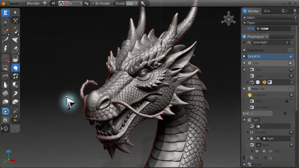 主体:Blender软件的雕刻模式界面,3D视口中展示一个正在雕刻的龙头模型。布局:左侧工具架显示各种雕刻笔刷图标,右侧属性面板展开。排版:视口占据主体,雕刻模型居中,带有红色拓扑线框叠加。风格:写实与艺术结合,雕塑细节丰富,光影质感出色。细节:笔刷光标清晰可见,模型表面有细致的鳞片纹理。画质:高清渲染,材质表现真实,干净无多余元素。