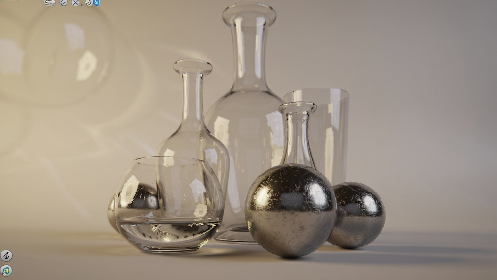 主体:Blender软件使用Cycles渲染器渲染的一张静物场景图。布局:画面中央放置一组玻璃器皿和金属球,背景为柔和渐变。排版:物体呈三角形构图,光线从侧上方照射。风格:照片级真实感,光影细腻,材质质感强烈。细节:玻璃的折射和反射、金属表面的划痕、焦散效果等清晰可见。画质:8K超清,色彩准确,无噪点,干净无多余元素。