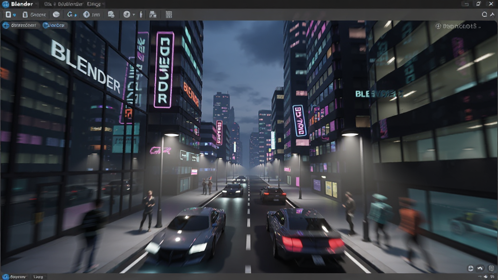 主体:Blender软件使用Eevee实时渲染引擎展示一个未来感城市街道场景。布局:3D视口中街道纵深感强,两侧建筑灯光闪烁。排版:视角平视,场景内车辆和行人动态模糊。风格:赛博朋克风格,霓虹灯色彩丰富,光影动态。细节:玻璃幕墙反射、雾气体积光、霓虹灯牌上的文字“BLENDER”。画质:高清实时渲染,画面流畅,干净无多余元素。