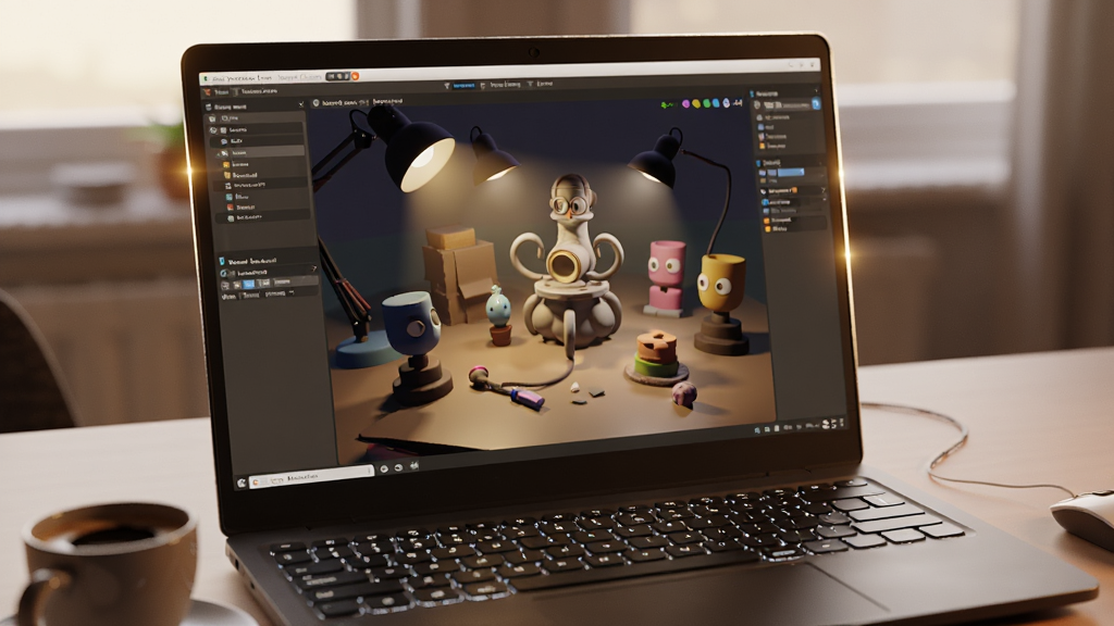 主体:Blender软件在笔记本电脑上运行的特写,屏幕中显示一个复杂的3D场景。布局:笔记本放置在桌面,屏幕正面朝向观众,键盘上放着一杯咖啡。排版:屏幕内容清晰可见,场景包含多个物体和灯光。风格:生活化、写实,光线温暖。细节:屏幕边缘有反光,键盘背光开启。画质:高清,细节丰富,干净无多余元素。