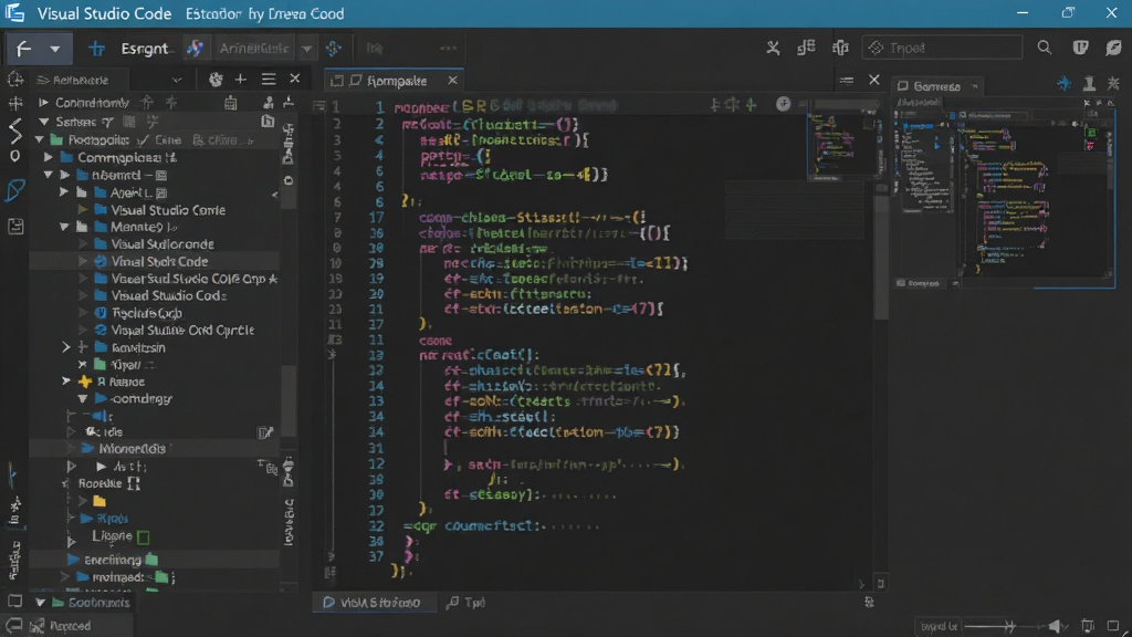Visual Studio Code 官方宣传图,现代深色界面居中展示,左侧资源管理器文件树、中间彩色代码编辑区、右侧迷你地图,顶部菜单栏与活动栏清晰可见,布局清爽专业,高分辨率,细节丰富,干净无多余元素