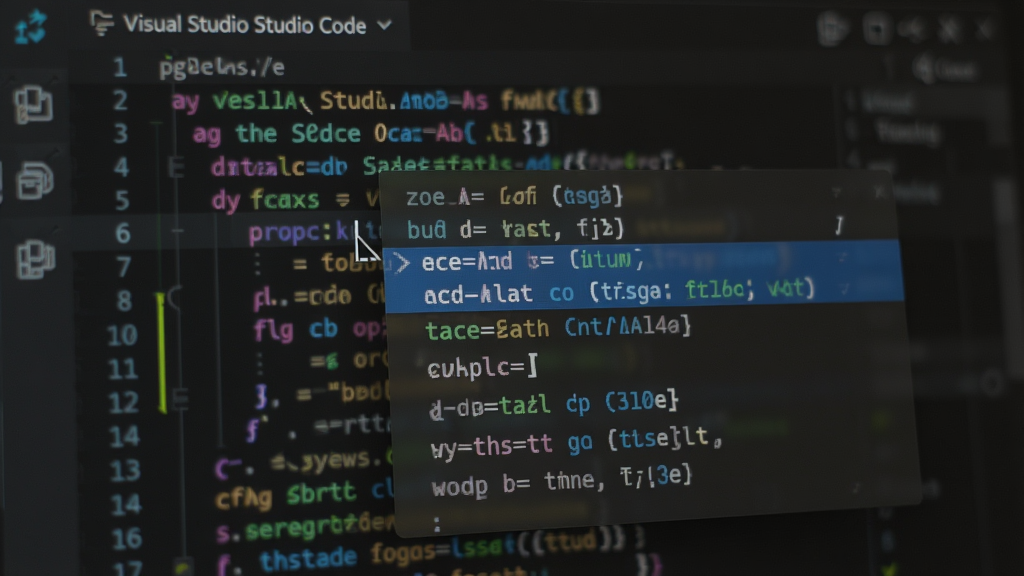 Visual Studio Code 智能补全功能特写,光标处弹出半透明候选列表,高亮显示函数名称与参数类型,代码彩色高亮,背景有模糊的代码行,现代编辑器风格,高分辨率,清晰锐利,干净无多余元素