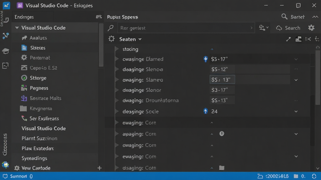 Visual Studio Code 设置界面,左侧分类菜单,右侧搜索框与配置项,深色主题,现代排版,高分辨率,干净无多余元素