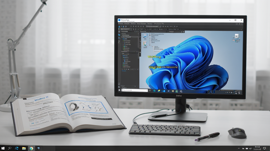 WinDbg运行在Windows 11桌面上,旁边有一本打开的调试手册,桌面整洁,光线柔和,高清画质,干净无多余元素