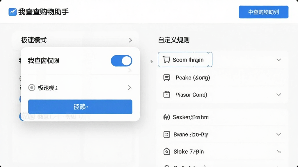 �Ҳ�鹺����������ҳ�棬չʾ������Ȩ�޿��ء�����ģʽѡ��Զ�������б�������Ϊ��ɫ��������ɫ��ť����������������࣬���ʸɾ������ֱ�ע���Ҳ�鹺�����֡�