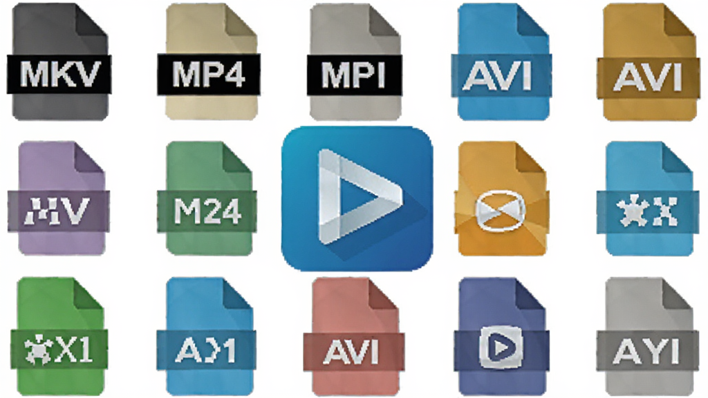 PotPlayer软件图标与多种视频文件格式图标排列展示,包括MKV、MP4、AVI等,图标清晰,背景简洁明亮,突出兼容性强的特点,画质干净