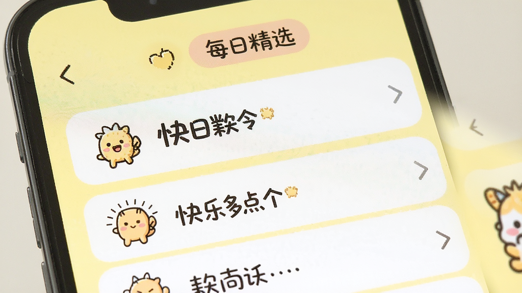手机屏幕展示“快乐多点点”笑话列表页面,页面顶部有“每日精选”标签,列表条目配有趣味图标,背景采用淡黄色调,整体风格清新可爱,扁平化设计,画质清晰,干净无多余元素