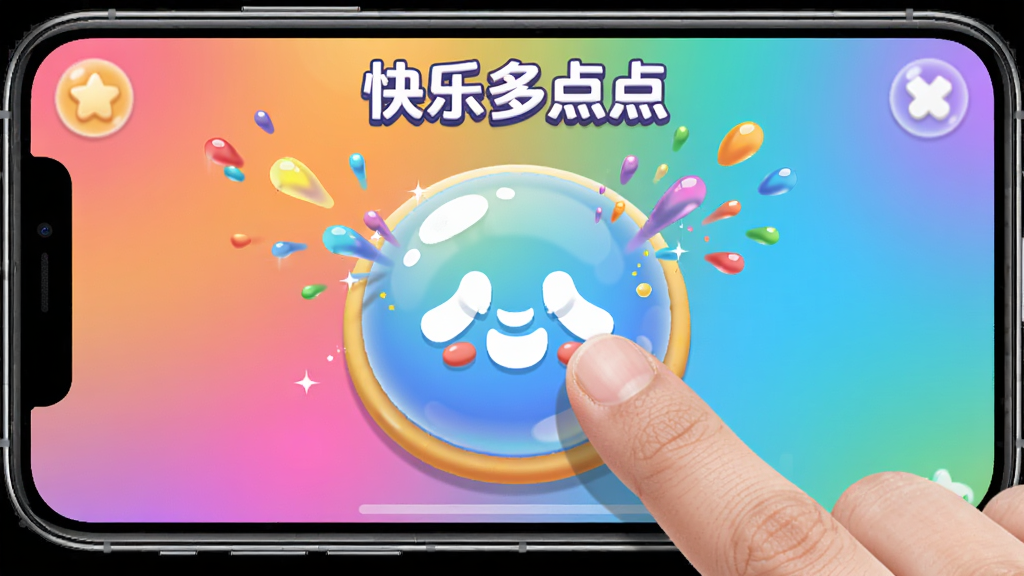 手机屏幕显示“快乐多点点”小游戏界面,画面中央是一个巨大的泡泡按钮,手指正在点击,泡泡溅射出彩色粒子效果,游戏界面色彩鲜艳,按钮设计圆润,背景有渐变色,整体风格活泼,高清画质,干净无多余元素