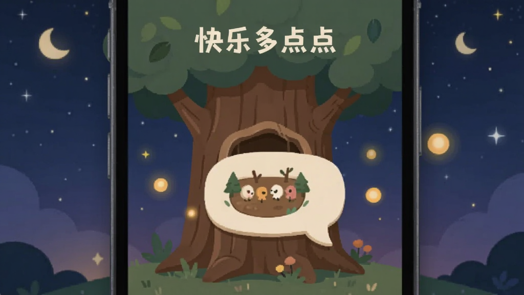 手机屏幕显示“快乐多点点”树洞倾诉界面,画面中央是一个大树洞造型的对话框,周围飘着温暖的光点,背景是静谧的星空夜色,整体风格温馨治愈,扁平化设计,画质干净,无多余元素