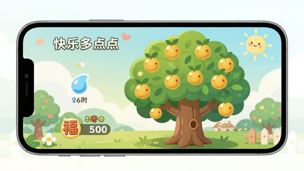 手机屏幕展示“快乐多点点”果树养成界面,画面中一棵枝繁叶茂的卡通果树,树上挂满金色果实,树旁有水滴图标和福气值计数,背景是阳光明媚的田园风光,色彩柔和,扁平化风格,画质干净,无多余元素