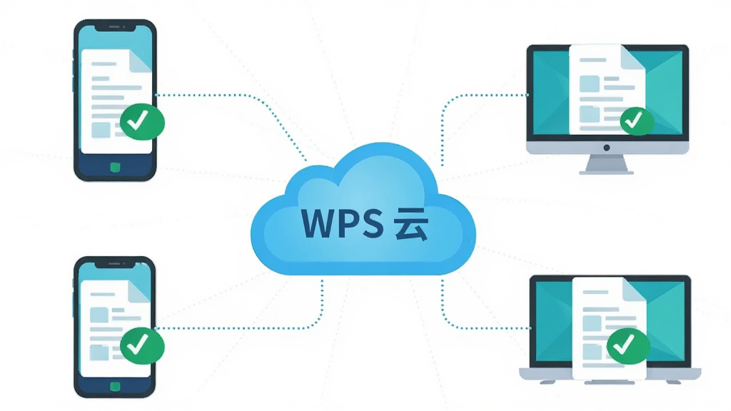 主体:WPS Office 云同步示意图,展示手机与电脑同步文档动画;布局:中心为云朵图标,四周环绕设备图标;排版:设备间用虚线连接;风格:扁平化插画,蓝绿色调;细节:云朵上有“WPS 云”字样,文件图标带有绿色对勾;画质:高清,干净,无多余元素。