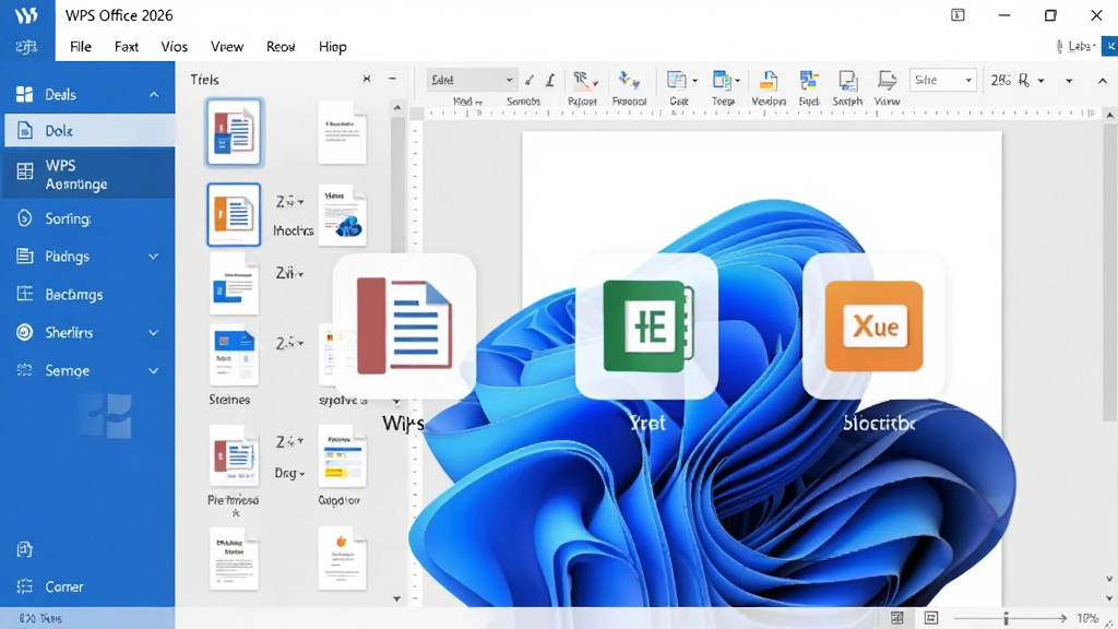 主体:WPS Office 软件主界面截图,展示文字、表格、演示三大组件图标;布局:左侧功能导航栏,右侧文档编辑区,顶部菜单栏;排版:界面清晰,图标整齐排列;风格:现代简约,蓝白配色;细节:屏幕上有“WPS Office 2026”字样,文件列表显示多个文档缩略图;画质:高清,干净,无多余元素。