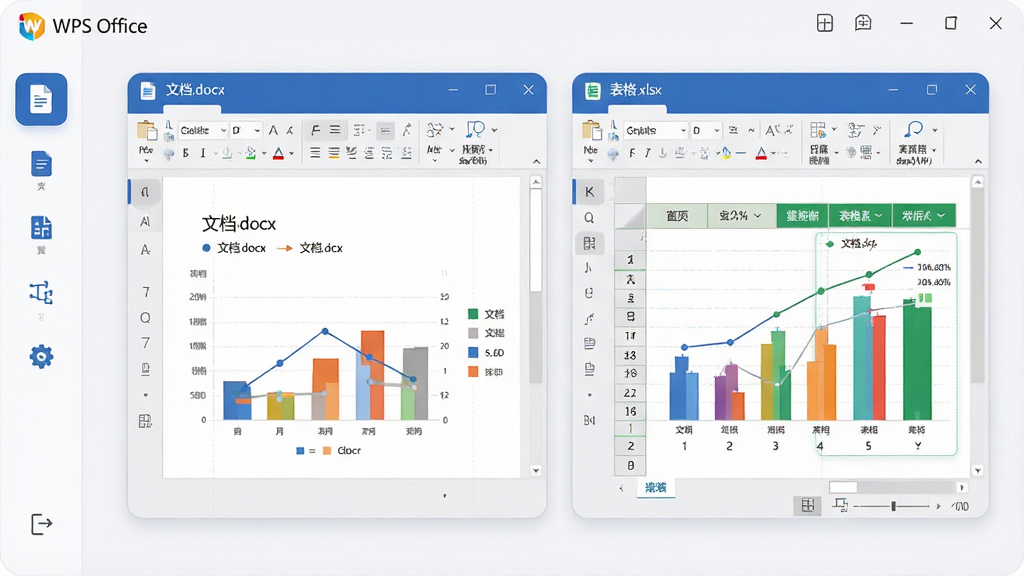 主体:WPS Office 多组件协同界面,展示文字与表格并排窗口;布局:左侧组件图标栏,右侧双窗口平铺;排版:窗口边框圆润,标签页清晰;风格:商务科技感,浅色背景;细节:窗口标题栏显示“文档.docx”和“表格.xlsx”,数据图表颜色鲜艳;画质:高清,干净,无多余元素。