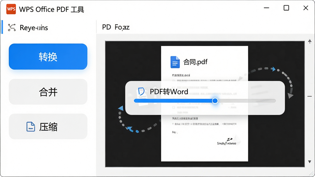主体:WPS Office PDF 工具界面,展示文档转换操作;布局:左侧功能列表(转换、合并、压缩),右侧预览区;排版:按钮醒目,进度条动画;风格:简洁商务,白色背景;细节:显示“PDF转Word”进度条,文件名为“合同.pdf”;画质:高清,干净,无多余元素。