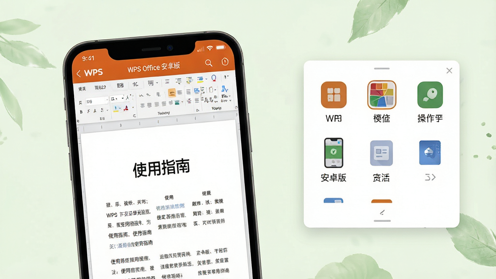 主体:WPS Office 移动端界面,展示手机编辑文档场景;布局:手机屏幕占据主视觉,右侧浮窗显示操作按钮;排版:界面简洁,功能图标清晰;风格:清新自然,浅色背景;细节:屏幕上有“WPS Office 安卓版”字样,文档内容为“使用指南”;画质:高清,干净,无多余元素。