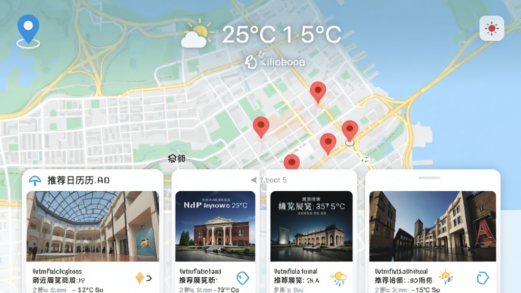 展览日历APP的定位推荐页面,地图背景上显示附近展览的红色标记点,顶部显示当前城市天气图标与温度,界面下方列出推荐展览卡片,布局以地图为背景,卡片浮于下方,风格清新明快,细节包括定位箭头与天气信息,画质高清,无多余元素