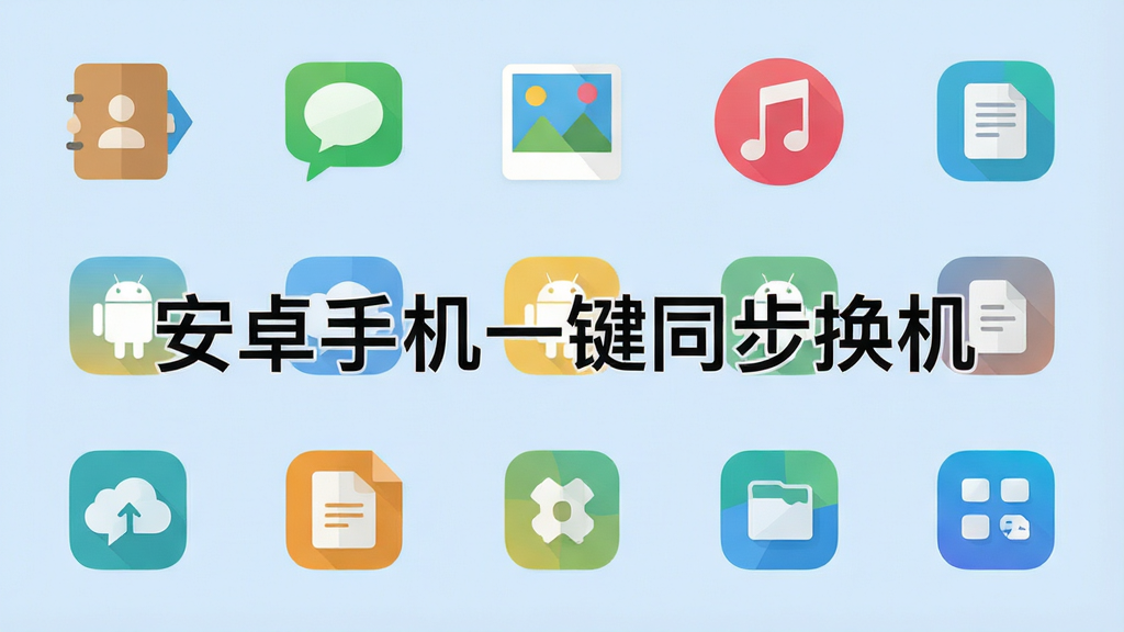 一组扁平化图标阵列,整齐排列展示通讯录、短信、照片、音乐、文档、应用等各类数据图标,图标中央悬浮着“安卓手机一键同步换机”字样,背景为柔和的浅蓝色,主体清晰,布局规整,排版有序,风格清新简洁,细节到位,画质干净,无多余元素