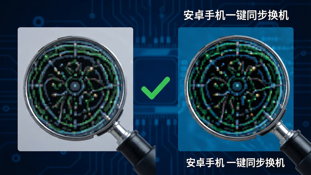 一幅展现高清画质的对比示意图,左侧为原始照片,右侧为通过“安卓手机一键同步换机”传输后的照片,两幅图片在显微镜下均显示为完美像素点,中间用绿色对勾连接,背景为深蓝色科技感背景,主体突出,布局清晰,排版专业,风格严谨,画质极佳,干净无多余元素