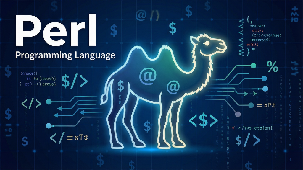 主体:Perl 编程语言的抽象艺术风格图标,以骆驼形象为核心元素,背景为深蓝色科技感网格,周围环绕代码字符与数据流线条。布局:中央突出骆驼图形,四周分布代码片段与数据节点。排版:文字“Perl”以粗体白色显示在画面左上角,副标题“Programming Language”置于其下方。风格:现代扁平化设计,搭配渐变光效,整体干净明亮。细节:代码符号“$”、“@”、“%”点缀其中,骆驼轮廓带有微光边缘。画质:高清渲染,干净,无多余元素。