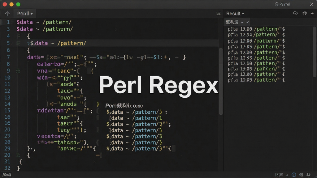 主体:Perl 软件运行界面截图风格,以代码编辑器为背景,突出显示正则表达式匹配高亮效果。布局:左侧为代码行,右侧为实时输出结果面板。排版:屏幕中央显示“Perl Regex”字样,下方列出匹配结果列表。风格:深色主题编辑器,彩色语法高亮,界面简洁专业。细节:代码行中显示“$data =~ /pattern/”等示例,输出面板显示匹配项与替换结果。画质:清晰锐利,干净,无多余元素。