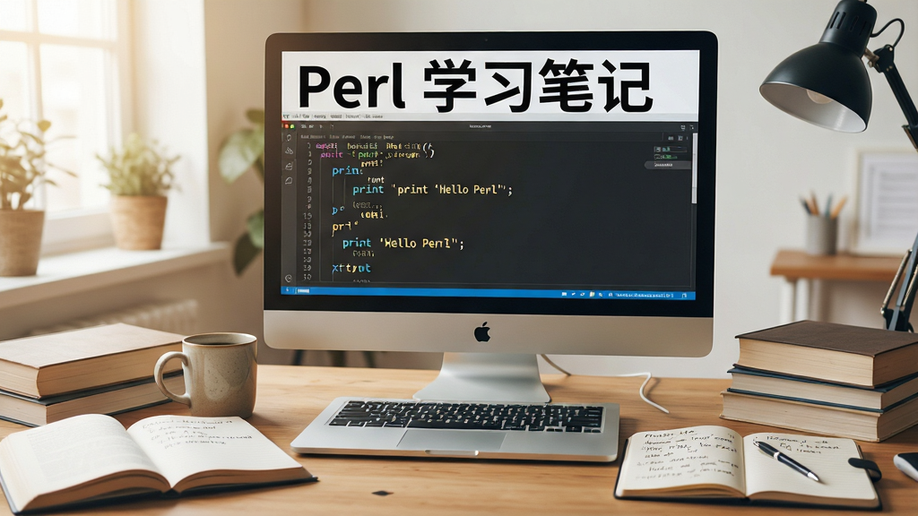 主体:Perl 编程学习场景,电脑屏幕显示代码,旁边摆放咖啡杯与笔记本。布局:电脑居中,周围散落书籍与笔记,光线明亮。排版:屏幕上方显示“Perl 学习笔记”字样,下方代码清晰可见。风格:写实摄影风格,温馨工作台氛围。细节:代码内容为“print 'Hello Perl';”,笔记本上有手写笔记。画质:高清细节,干净,无多余元素。