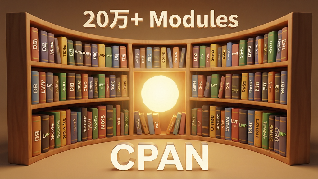 主体:Perl CPAN 模块库的抽象化展示,以书架为原型,每本书代表一个模块,书脊上印有模块名称。布局:书架呈弧形排列,中心位置发光,象征海量资源。排版:画面底部显示“CPAN”字样,顶部有“20万+ Modules”文字。风格:暖色调 3D 渲染,书本色彩斑斓,科技感与知识感融合。细节:书本上印有“DBI”“LWP”“Moose”等名称,光线柔和。画质:超清渲染,干净,无多余元素。
