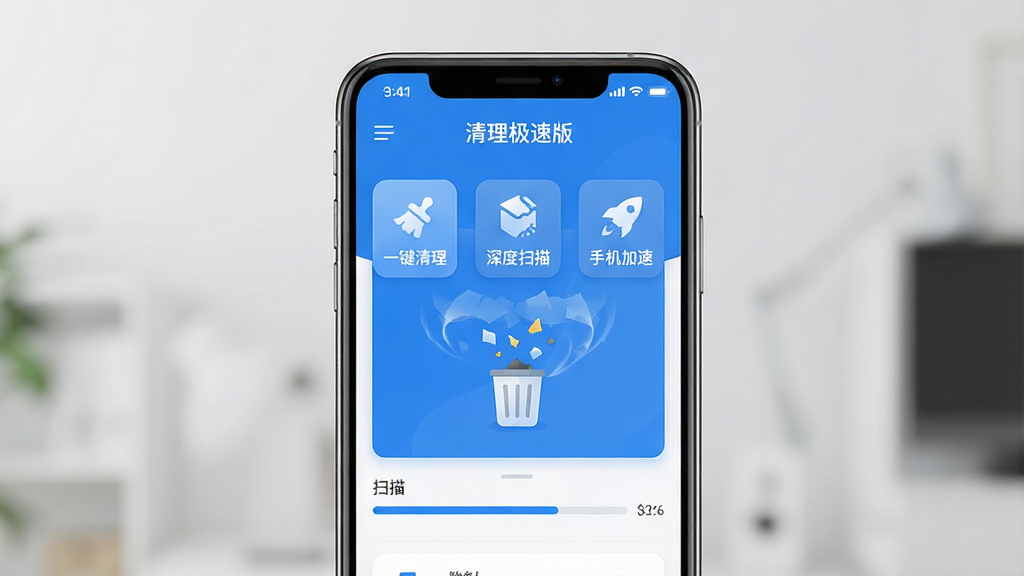 主体:清理极速版软件界面展示,手机屏幕内显示“清理极速版”主界面,有“一键清理”、“深度扫描”、“手机加速”等按钮,界面简洁明亮;布局:手机居中,屏幕清晰展示功能图标和进度条;排版:干净整洁,功能图标排列有序;风格:现代扁平化设计,色彩清新(蓝色主调);细节:屏幕上有垃圾文件扫描动画,如小碎片被吸入垃圾桶图标;画质:高清渲染,细节丰富,干净无多余元素。