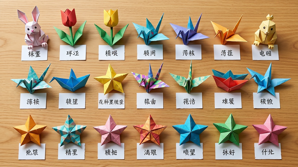 主体是一张铺满木质桌面的俯拍照片,展示着数十件已完成的多彩折纸作品,包括小兔子、郁金香、千纸鹤、纸船和星星等。布局为规整的网格状排列,色彩缤纷且富有节奏感。排版上每件作品下方压着一张写着名称的白色小卡片。整体风格为清新明亮的静物摄影,细节精致,展现纸张褶皱与光影效果,画质极其清晰,背景干净,无多余元素。