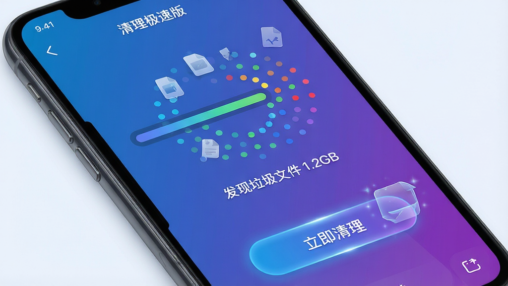 主体:清理极速版扫描界面,手机屏幕显示扫描进度条和“发现垃圾文件 1.2GB”字样,下方有“立即清理”按钮;布局:手机屏幕特写,扫描动画为彩色圆点汇聚;排版:信息层级分明,进度条醒目;风格:科技感,蓝紫渐变色调;细节:屏幕上有文件碎片图标,清理按钮发出微光;画质:高清,干净无多余元素。