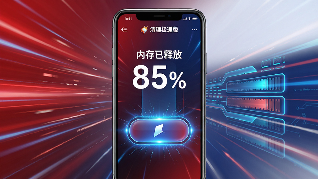主体:清理极速版手机加速功能界面,手机屏幕显示“内存已释放 85%”和加速按钮,背景有速度线条特效;布局:手机屏幕居中,加速按钮明显;排版:简洁大方,数字显示突出;风格:动感科技风,红蓝配色;细节:加速按钮有光效,内存条可视化显示;画质:高清,干净无多余元素。