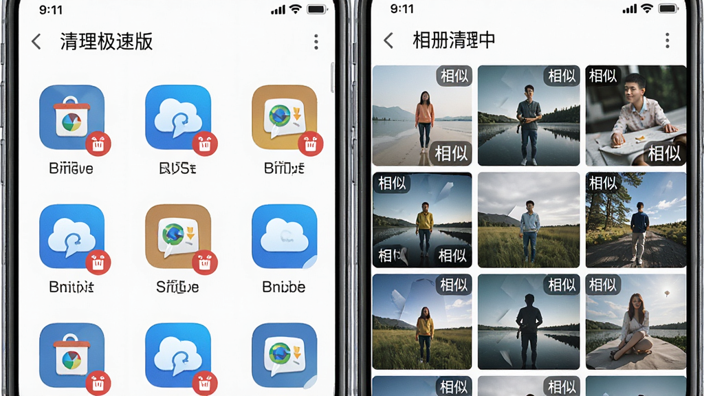 主体:清理极速版应用管理和相册清理界面,手机屏幕分为两个部分,左侧是应用列表,右侧是相册缩略图;布局:左右分屏展示;排版:图标网格排列;风格:简洁明亮,白色背景;细节:应用图标带有卸载标记,相册图片有“相似”标签;画质:高清,干净无多余元素。