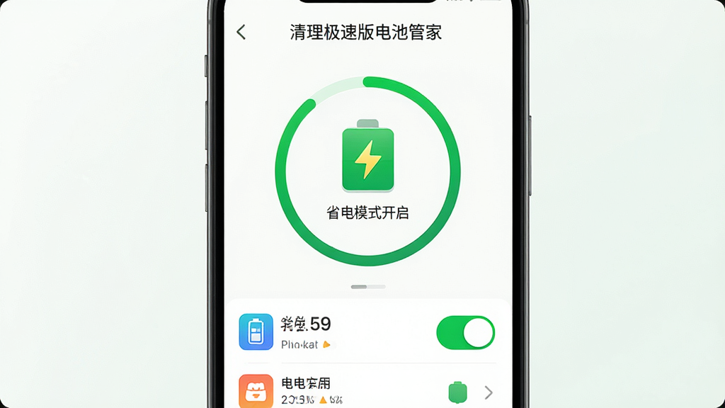 主体:清理极速版电池管家界面,手机屏幕显示电池电量圆环和“省电模式开启”字样,下方有耗电应用列表;布局:电池圆环居中,列表在下方;排版:清晰直观,数据可视化;风格:清新绿意,环保主题;细节:电池图标有闪电符号,省电模式开关高亮;画质:高清,干净无多余元素。
