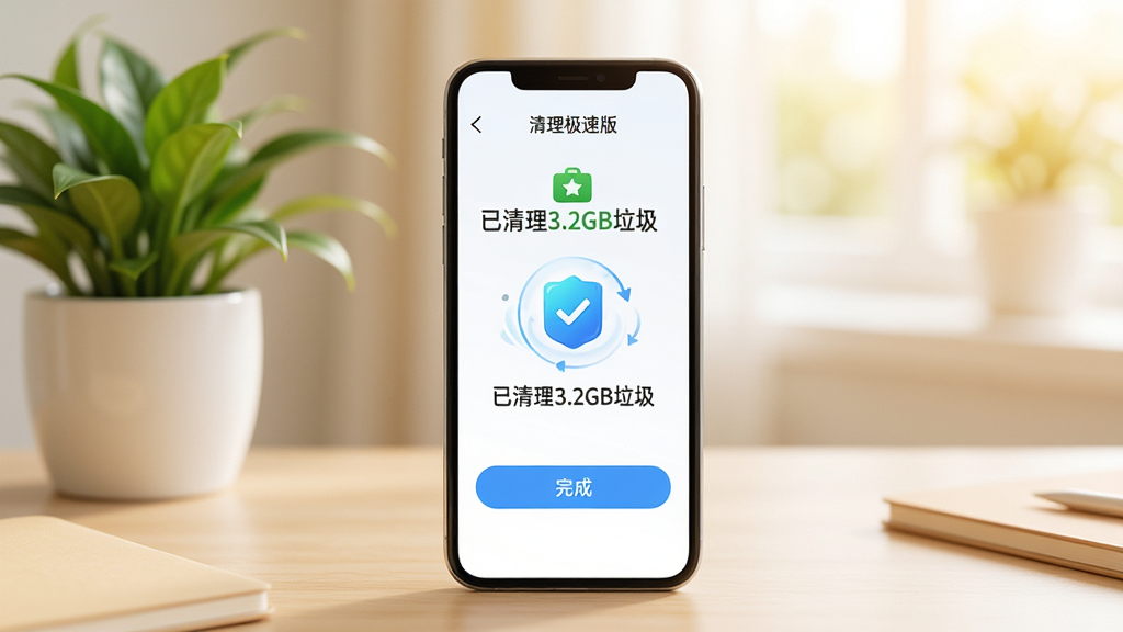 主体:清理极速版使用场景,手机屏幕上显示清理完成界面,有“已清理3.2GB垃圾”字样和“完成”按钮;背景是整洁的桌面,手机旁边有绿植;布局:手机居中,背景虚化;排版:简洁大方,数据突出;风格:生活化,明亮温暖色调;细节:手机屏幕有清理动画,周围环境干净;画质:高清,干净无多余元素。