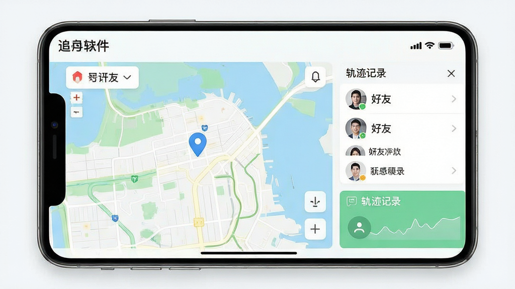 一张展示手机号追迹找人定位软件主界面的高清截图,界面包含地图定位、好友列表、轨迹记录等核心功能模块,整体风格简洁现代,色彩清新,布局合理,画质清晰,干净无多余元素