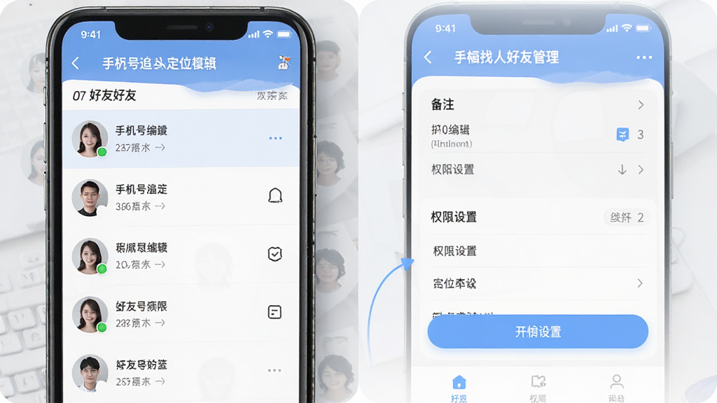 手机号追迹找人定位软件好友管理界面预览图,展示好友列表、备注编辑、权限设置等选项,界面整洁,操作流畅,风格清爽,画质清晰,干净无多余元素