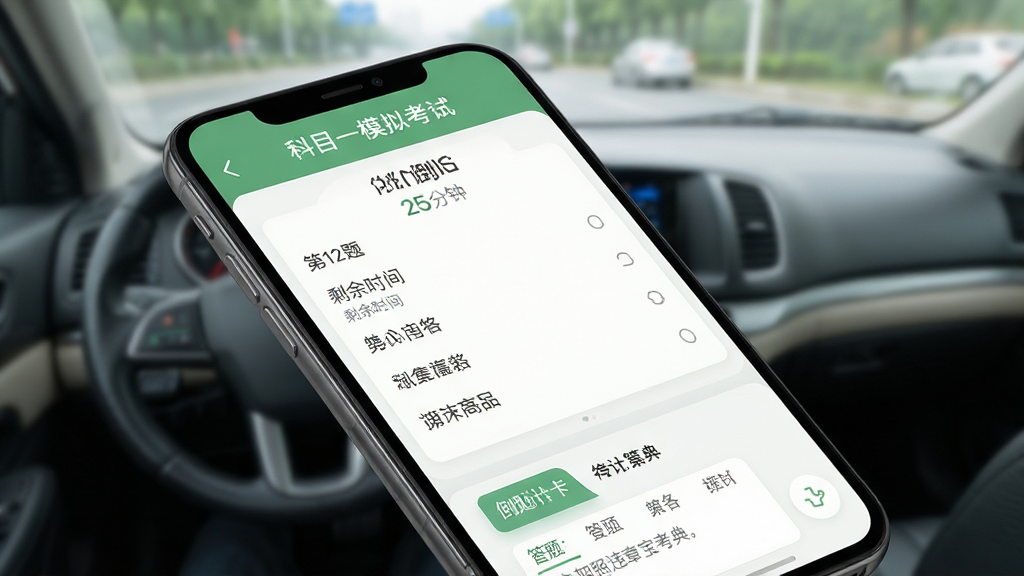 ���壺����Υ�±���APPģ�⿼�Խ��棬�ֻ���Ļ��ʾ����ҳ���뵹��ʱ�����֣��ֻ�б�ţ���Ļ����ʾѡ������ѡ�������ģ���ļ�ʻ�������Ű棺�����࣬������ʾ����Ŀһģ�⿼�ԡ����ײ�Ϊ���⿨�������ʵ��ǿ��ɫ����ͣ���ɫ���ɫ���䡣ϸ�ڣ���Ļ����ʾ����12�⡱��ʣ��ʱ�� 25���ӡ������֣�ѡ�����������ʣ�������Ⱦ���ɾ��޶���Ԫ�ء�