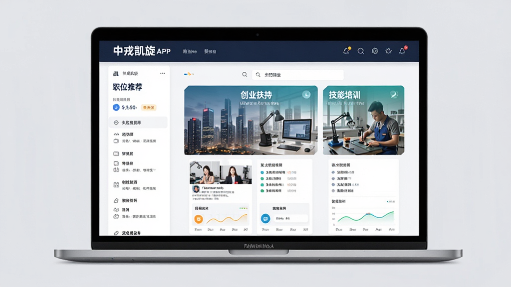 中戎凯旋APP就业创业板块界面设计,主体为笔记本电脑屏幕显示“中戎凯旋”就业创业页面,屏幕内有“职位推荐、创业扶持、技能培训”三个分区,背景为浅灰色,整体布局采用左右分栏,排版专业,风格商务现代,细节丰富,画质清晰,干净无多余元素。