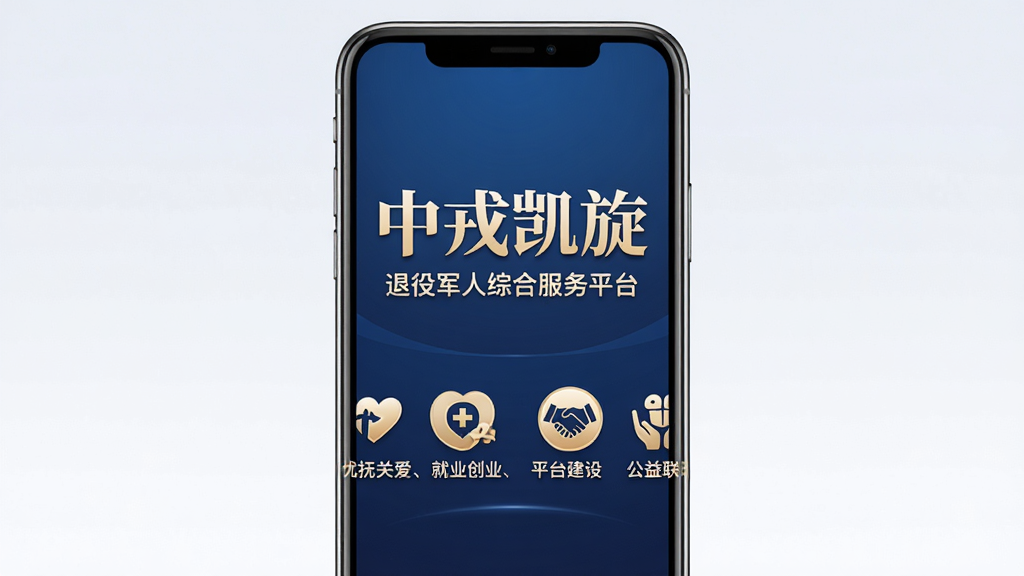 中戎凯旋APP开屏界面展示,主体为手机屏幕居中,背景采用庄重的深蓝色渐变,屏幕内显示“中戎凯旋”四个大字和“退役军人综合服务平台”字样,下方有“优抚关爱、就业创业、平台建设、公益联动”四个图标排列,整体布局对称,排版简洁大气,风格正式稳重,细节丰富,画质高清,干净无多余元素。