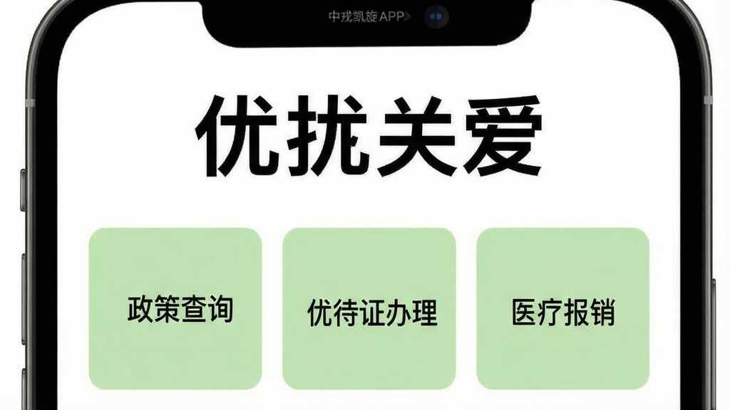 中戎凯旋APP优抚关爱功能页面预览图,主体为手机界面截图,上方显示“优抚关爱”四个大字,下方是“政策查询、优待证办理、医疗报销”三个功能卡片,卡片底色为浅绿色,背景为白色,整体布局清晰,排版整齐,风格简洁明快,细节精致,画质高清,干净无多余元素。