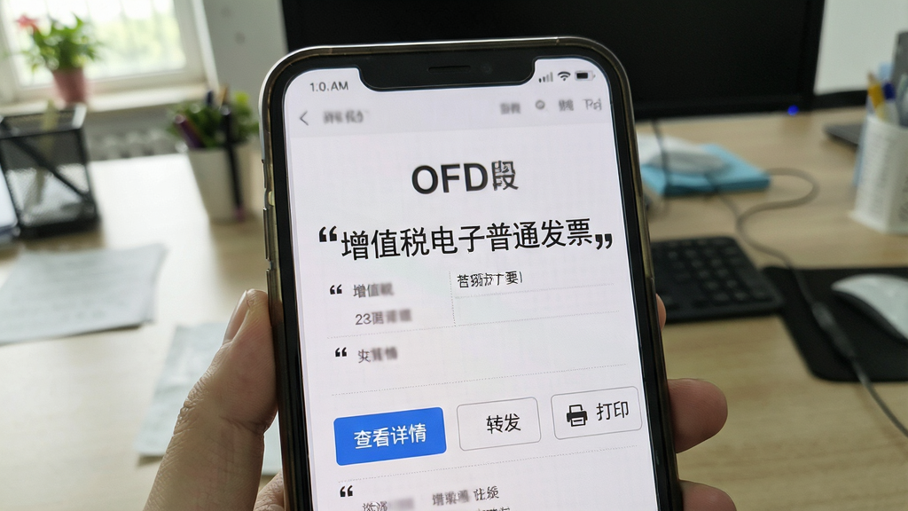 一张OFD发票在手机屏幕上清晰显示,发票抬头“增值税电子普通发票”字样醒目,下方有“查看详情”“转发”“打印”按钮,背景为办公桌面,风格真实自然,画质高清,干净无多余元素,图片中文字需加引号